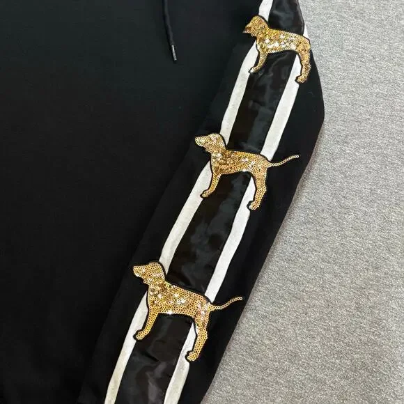 Victoria’s Secret PINK Gold Sequin Bling Pup Dog Pullover Hooded Sweatshirt - SM - Picture 4 of 11